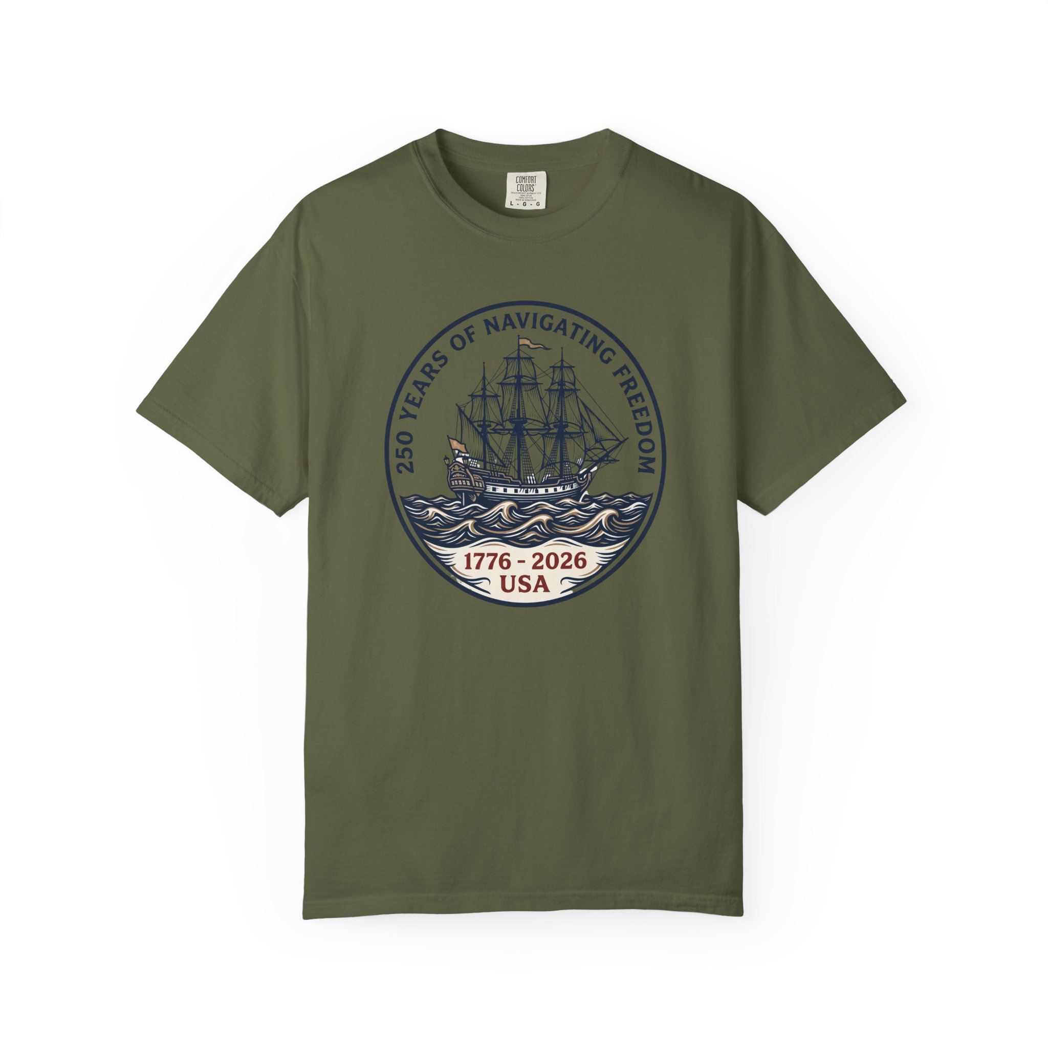 250 Years Navigating Freedom Tall Ship Tee | Nautical America 250 Shirt | Vintage Maritime New England - Image 4