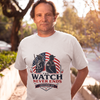 The Watch Never Ends Veteran Tee | American Flag Patriotic Shirt | Military Family Veterans Day Gift