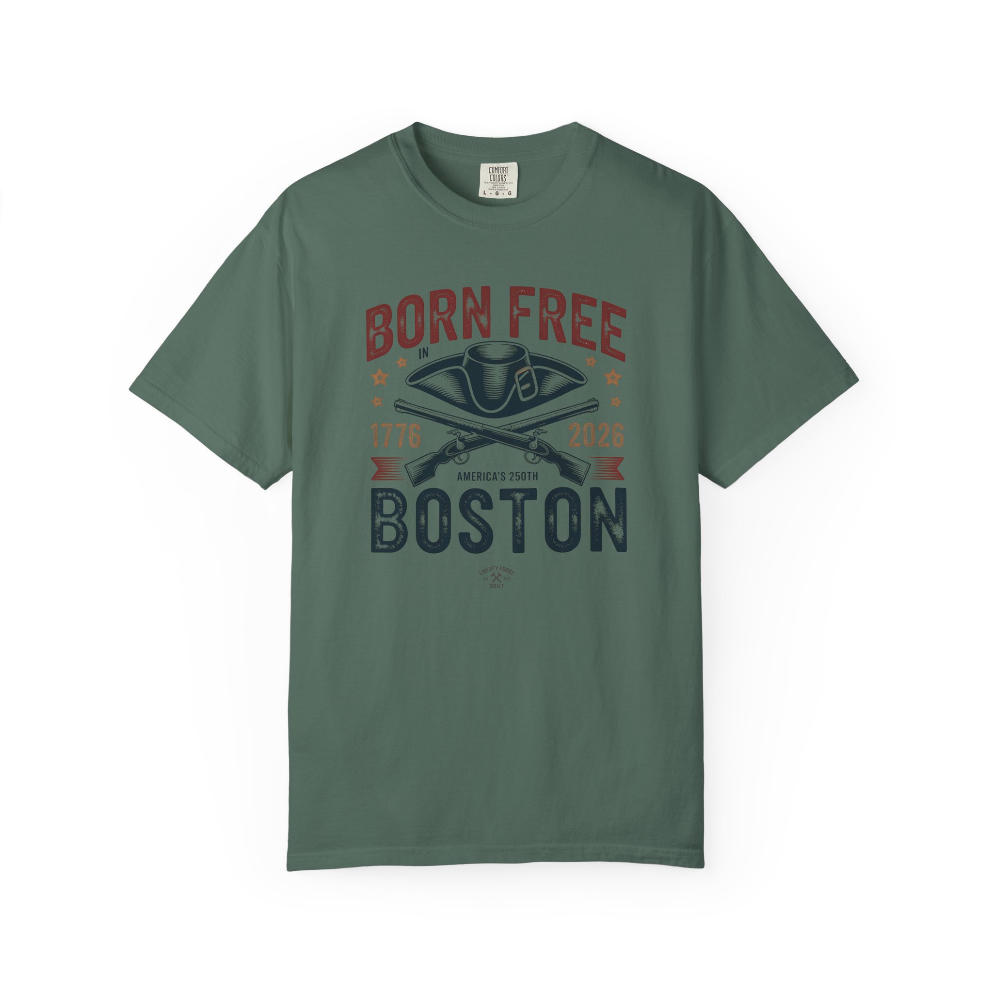 Born Free in Boston Tricorn Hat Tee | Revolutionary War Shirt | Boston History America 250 Gift - Image 7