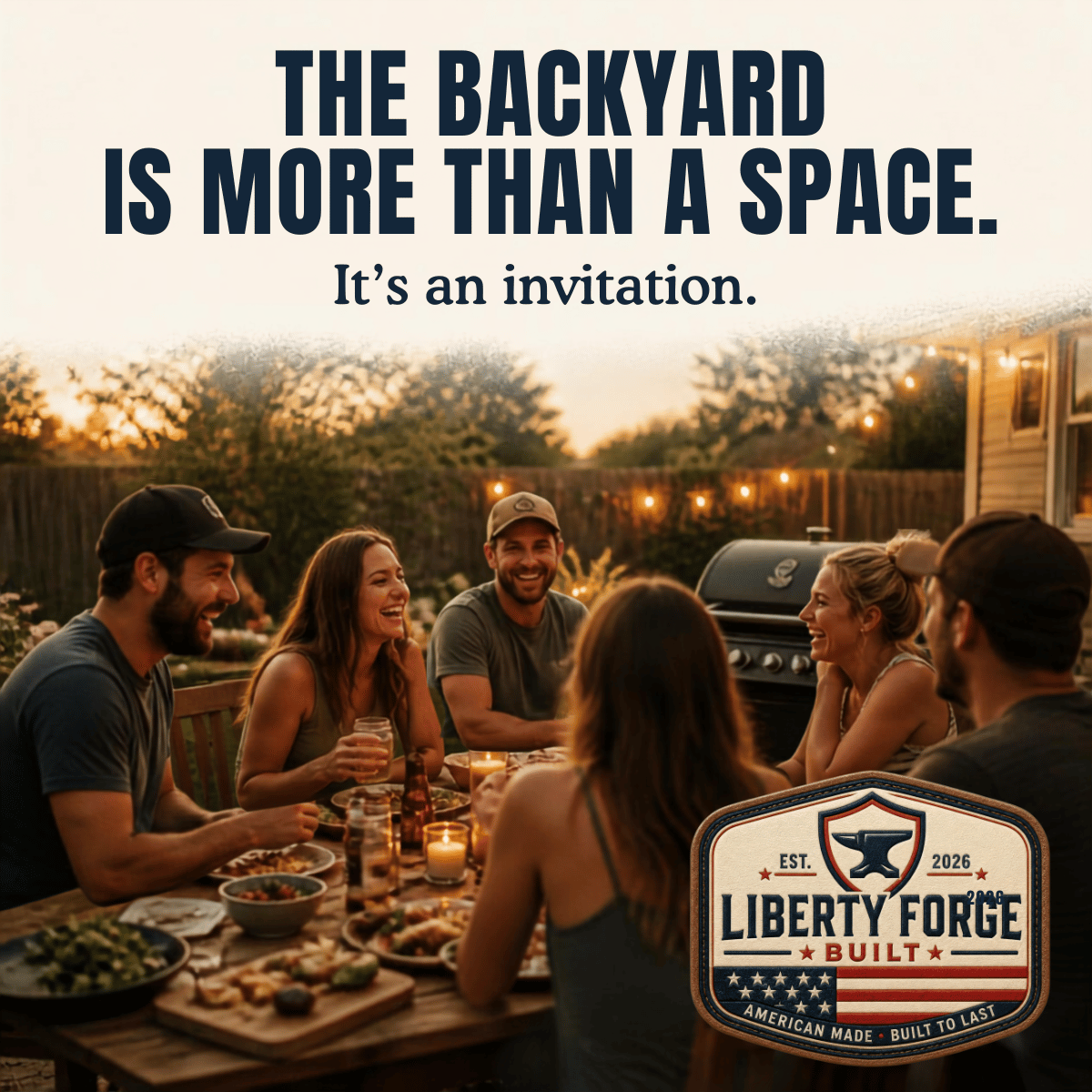 Friends laughing around a full backyard table at golden hour beside a grill and string lights, headlined "The backyard is more than a space. It's an invitation."
