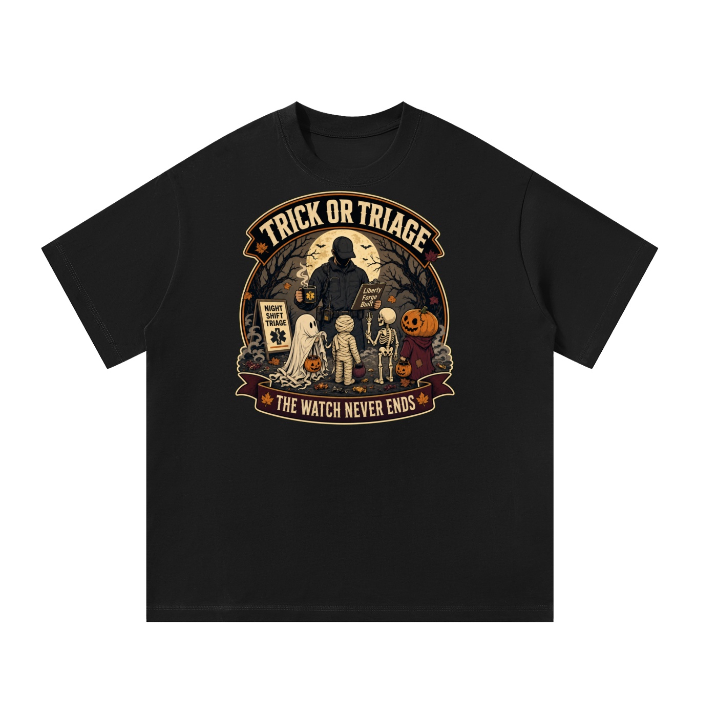 https://ajmall-vc-public-bucket.oss-us-west-1.aliyuncs.com/hugepod/material/custom_printing/c7f014a270a04def90138747241fda51.png Oversized Trick or Triage Halloween T-Shirt - Image 1