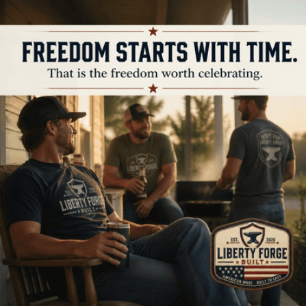 Liberty Forge Built graphic for Freedom Starts With Time, showing relaxed summer presence and casual Americana styling.