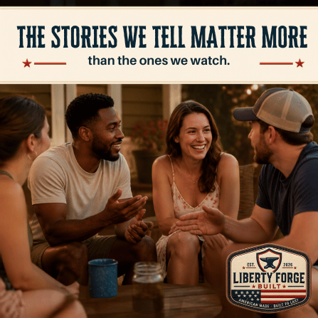Stories Over Screens 1 Liberty Forge Built graphic showing people in genuine conversation without phones, with clean Americana styling.