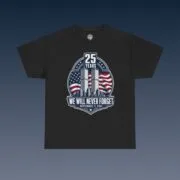 We Will Never Forget 9/11 memorial T-shirt with twin towers and American flags