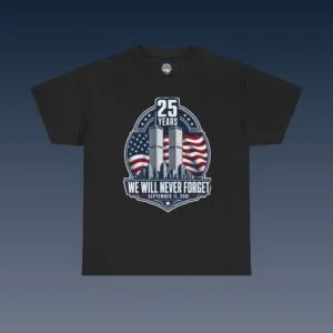 We Will Never Forget 9/11 memorial T-shirt with twin towers and American flags