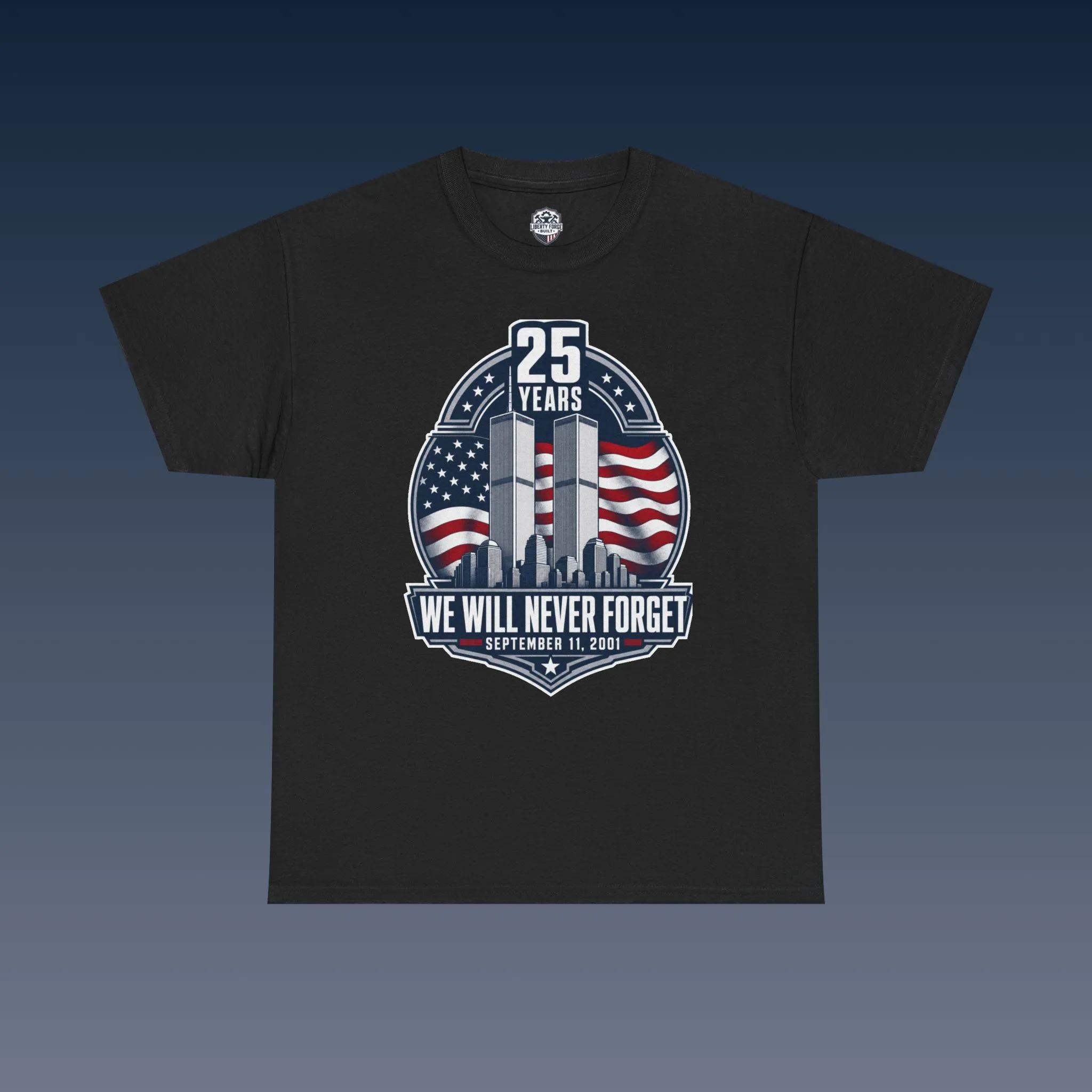 We Will Never Forget 9/11 memorial T-shirt with twin towers and American flags
