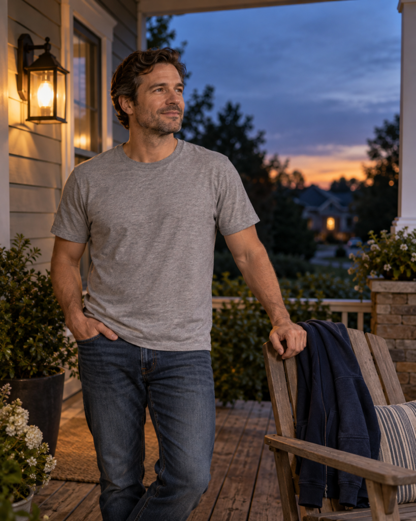 Man in a gray T-shirt on a porch at dusk, with a navy layer draped over a wooden chair.