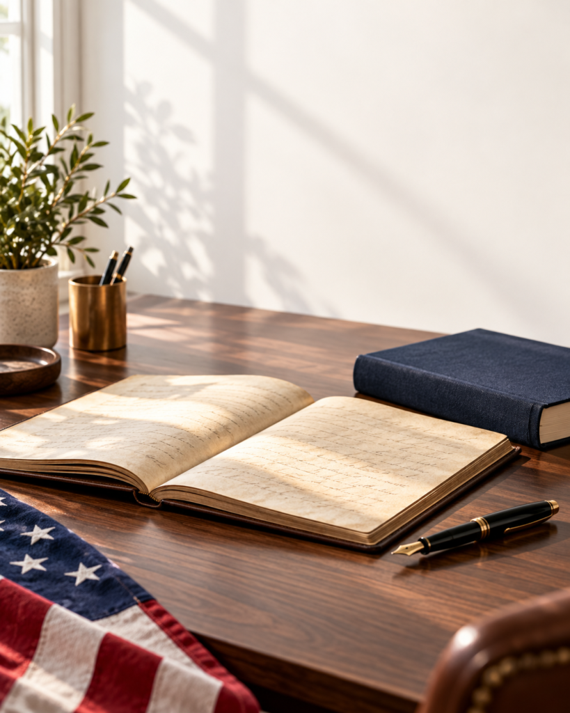 Open handwritten notebook, fountain pen, navy book, and folded American flag on a sunlit wooden desk.