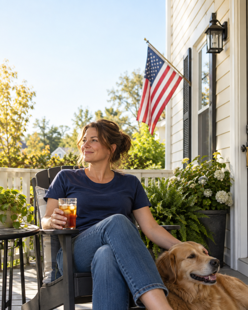 Woman holding iced tea beside a golden retriever on a sunny porch beneath an American flag.