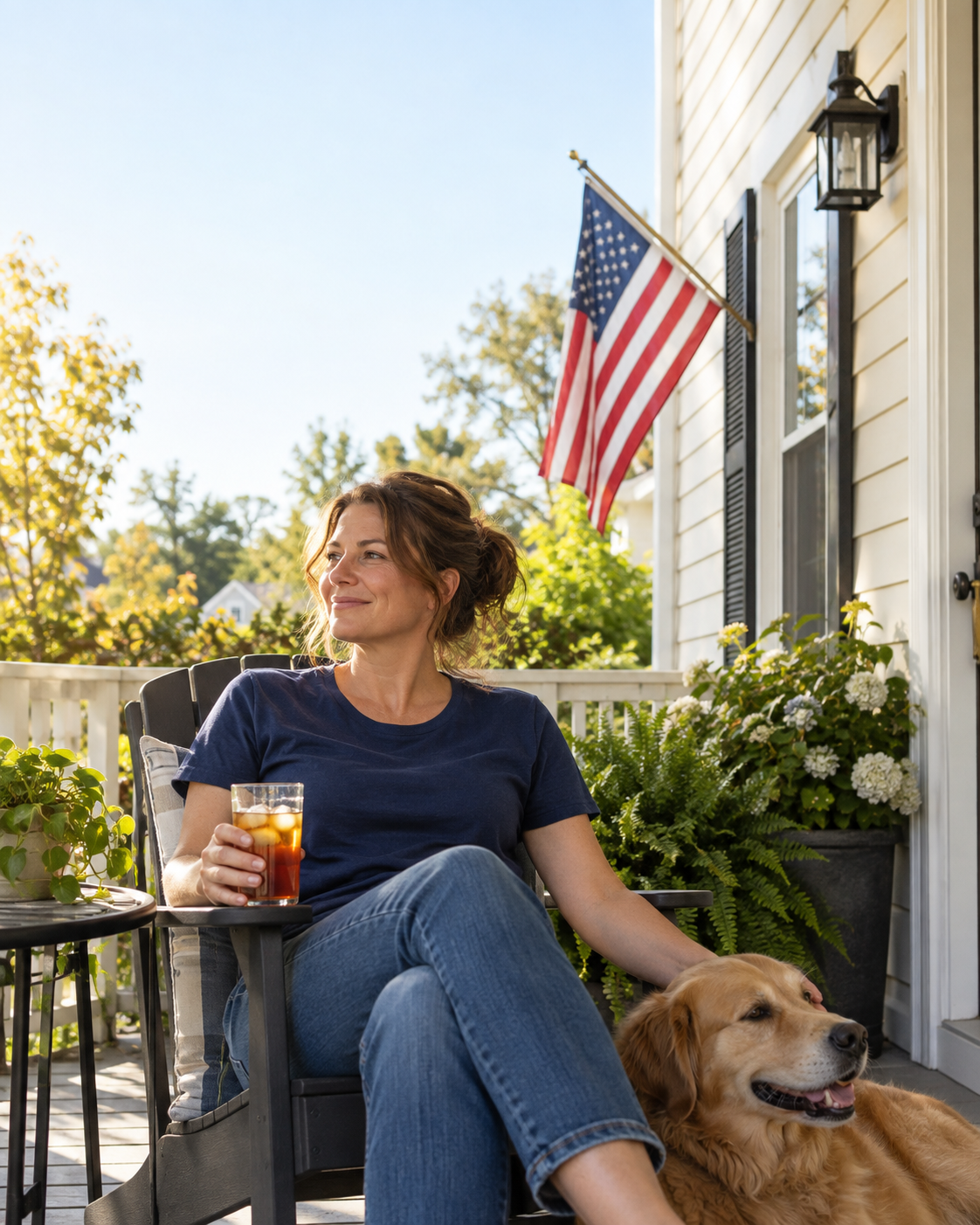 Porch Flag Weather 1 Woman holding iced tea beside a golden retriever on a sunny porch beneath an American flag.