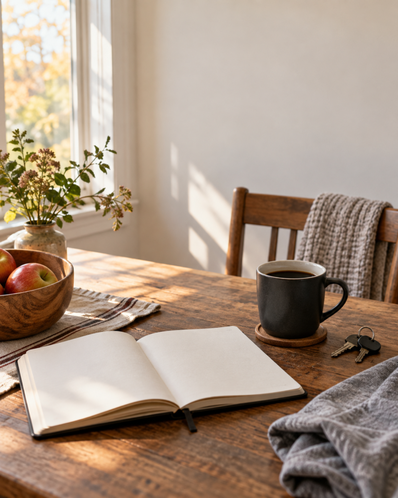 Open blank notebook, coffee mug, keys, and apples on a wooden table beside a sunlit window.