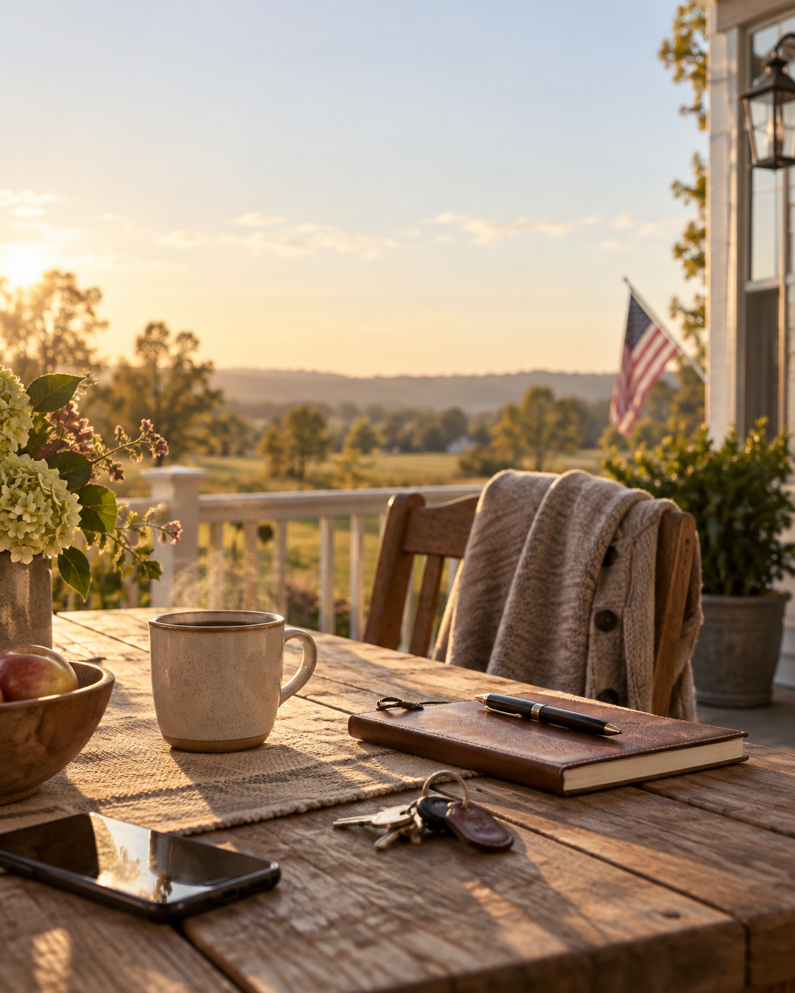 Coffee, a closed notebook, pen, keys, and phone on a porch table at sunset, with a cardigan over the chair.