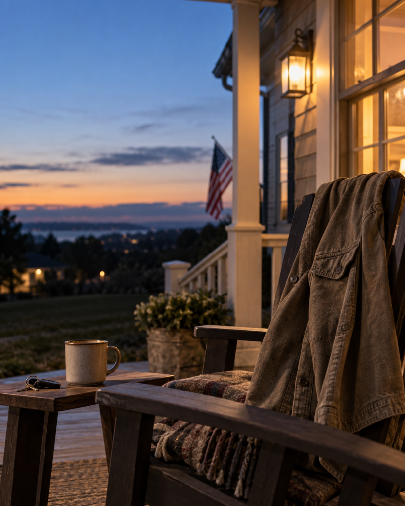 Canvas jacket draped over a porch chair at dusk, beside a mug and keys, with an American flag in the background.