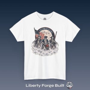 Freedom Never Dies Revolutionary soldiers and American flag T-shirt