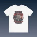 First to Answer 9/11 tribute T-shirt with first responder symbols and American flags