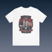 First to Answer 9/11 tribute T-shirt with first responder symbols and American flags