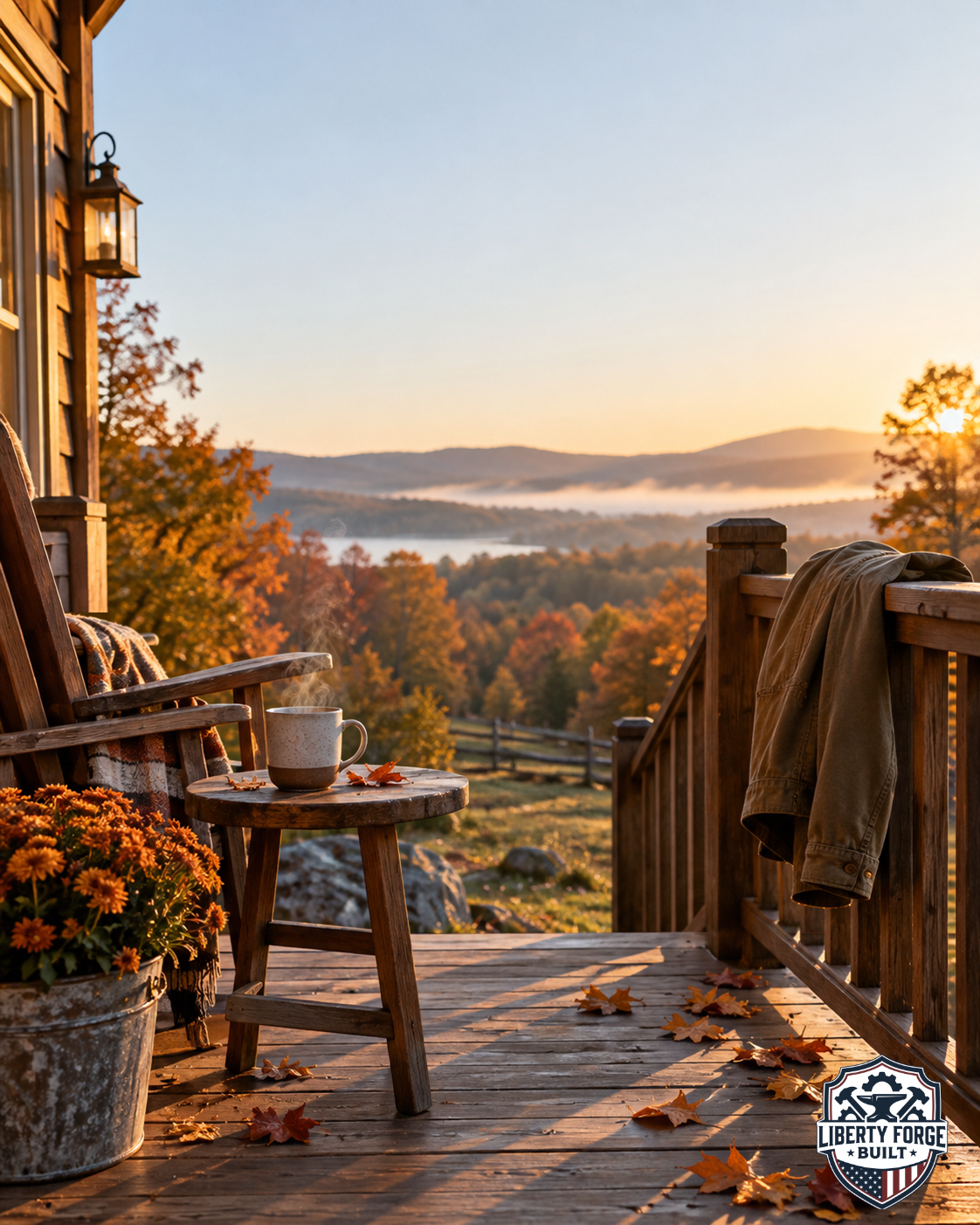 Autumn porch with a steaming mug and draped jacket, with the Liberty Forge Built logo in the lower corner.