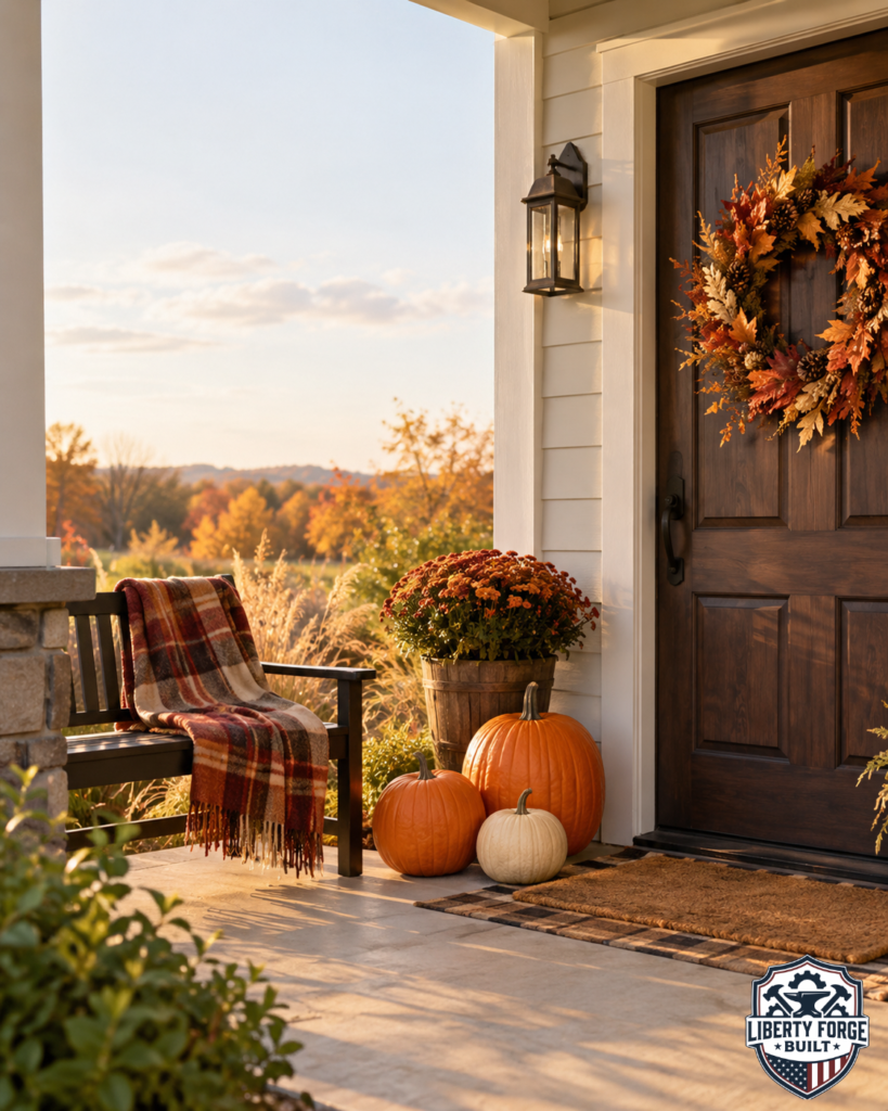 Pumpkins, plaid blanket and autumn wreath on a porch with the Liberty Forge Built logo.