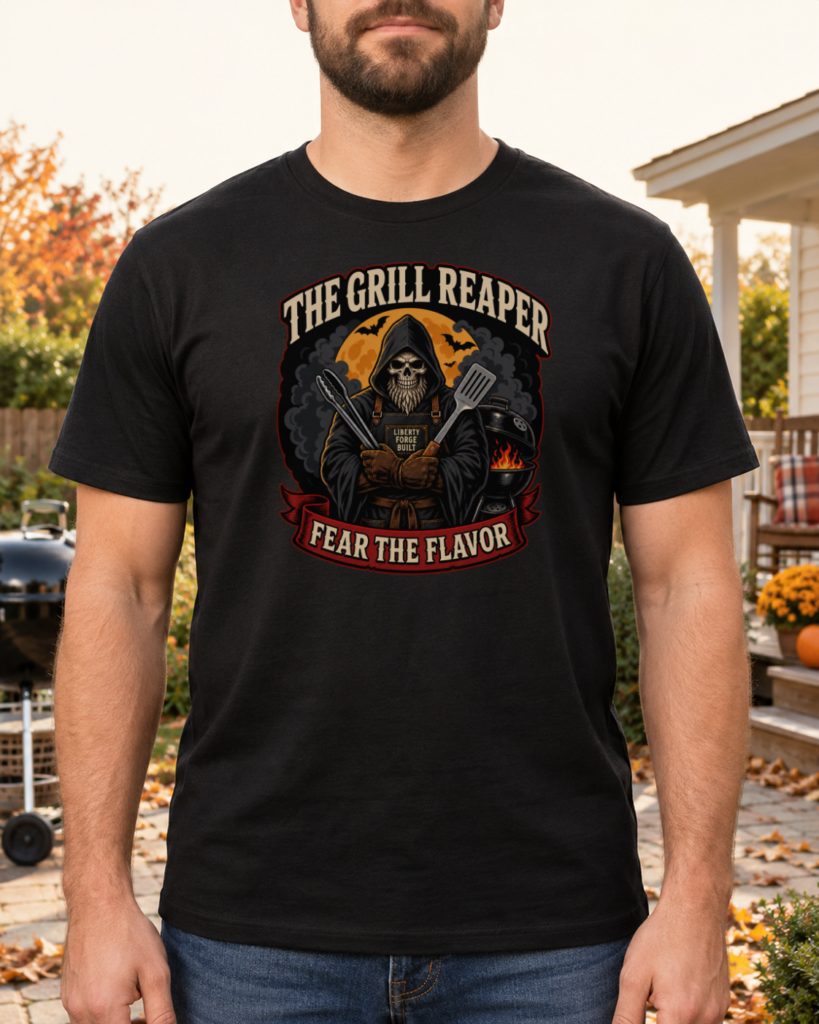 Black shirt with The Grill Reaper and Fear the Flavor design in an autumn backyard.