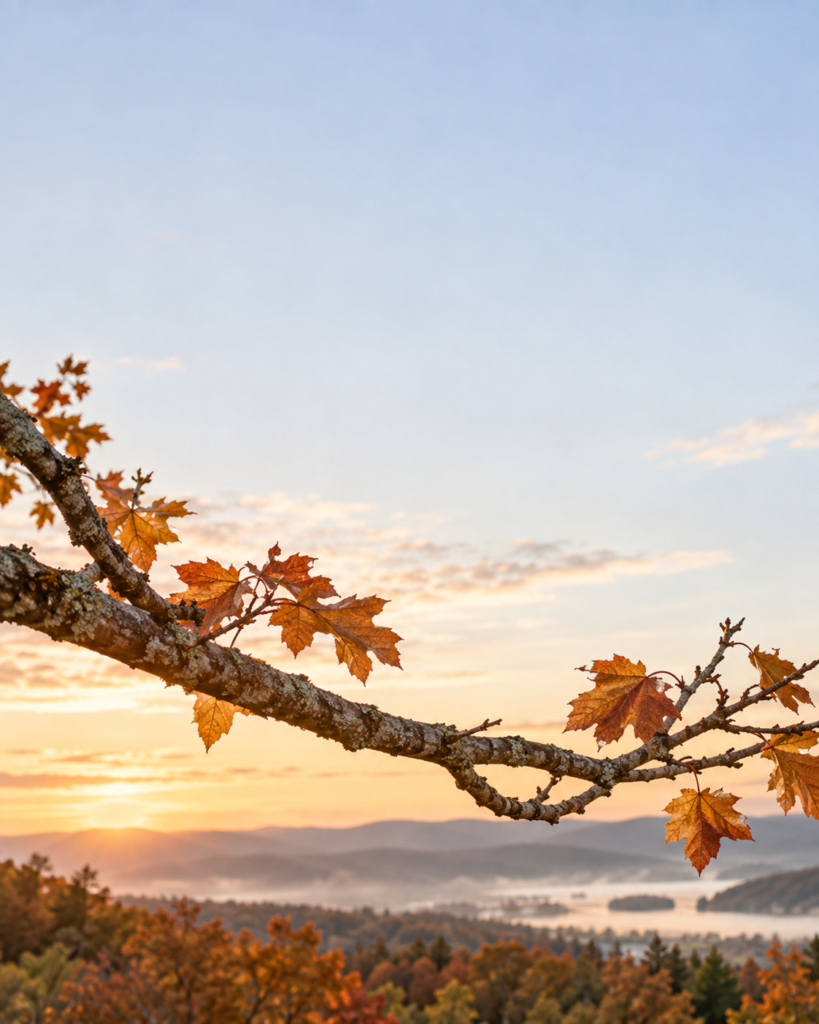 Maple branch and amber leaves above autumn hills.
