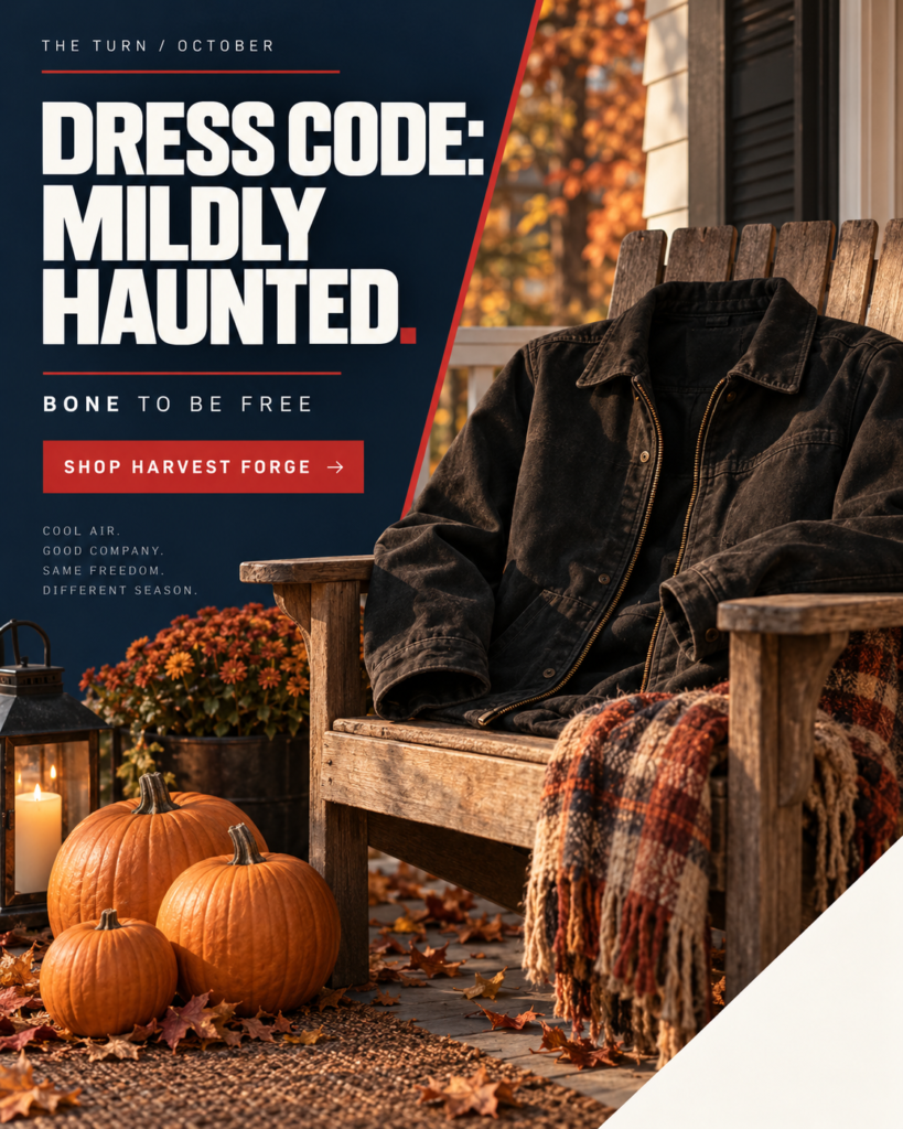October ad: DRESS CODE: MILDLY HAUNTED. Seasonal scene with a clear call to action.