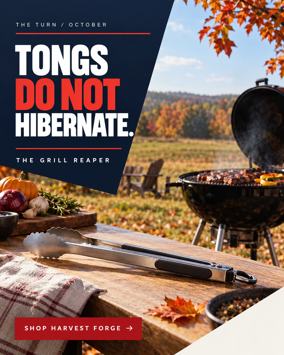 The Tongs Are Still on Duty 1 October ad: TONGS DO NOT HIBERNATE. Seasonal scene with a clear call to action.