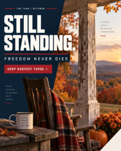 October ad: STILL STANDING. Seasonal scene with a clear call to action.