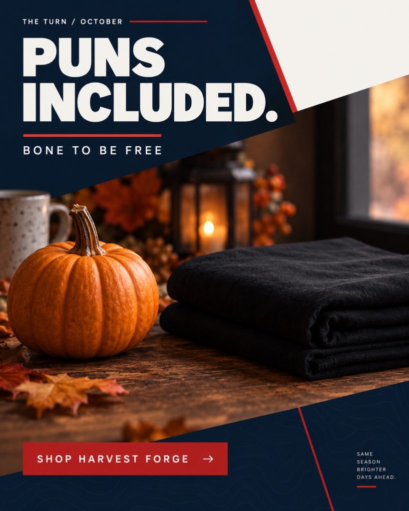 October ad: PUNS INCLUDED. Seasonal scene with a clear call to action.