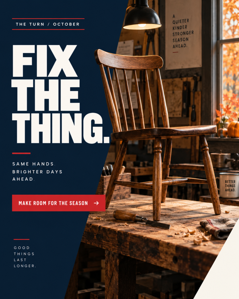 October ad: FIX THE THING. Seasonal scene with a clear call to action.