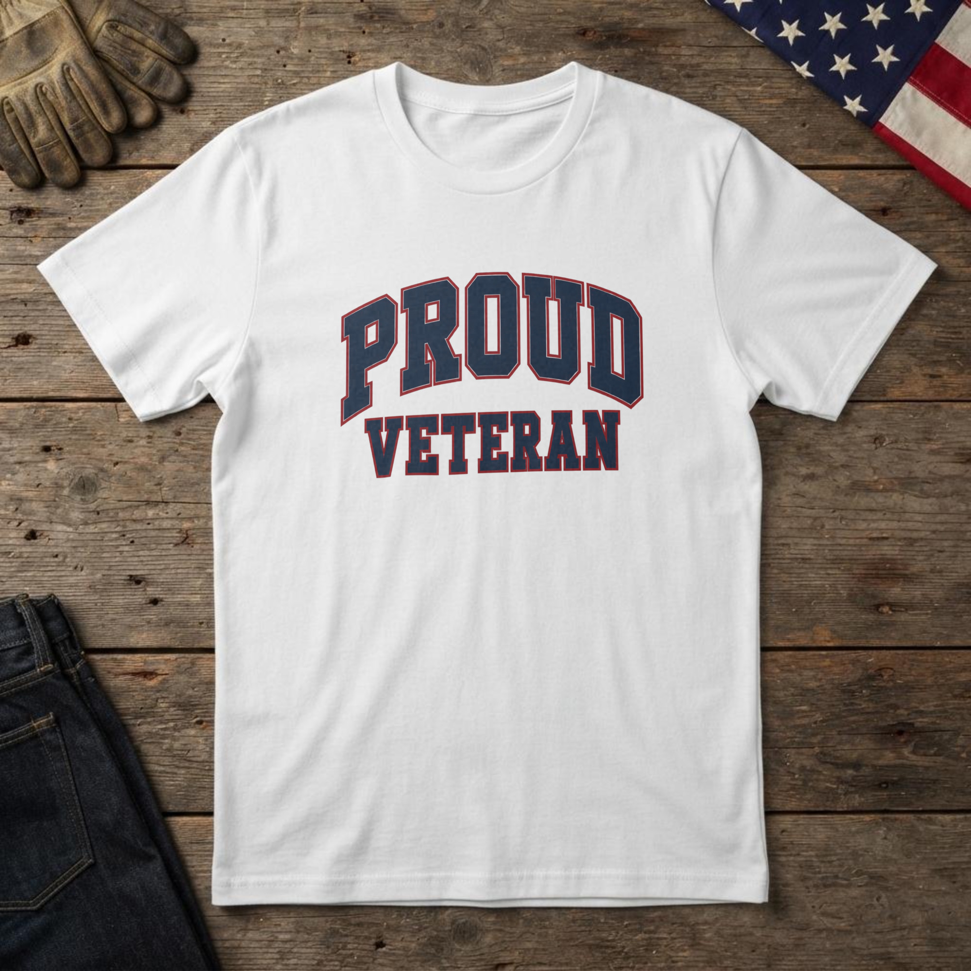 lfb-hero-13620 White t-shirt with heavy slab type over a distressed flag and the words "Proud Veteran", on wood with an American flag