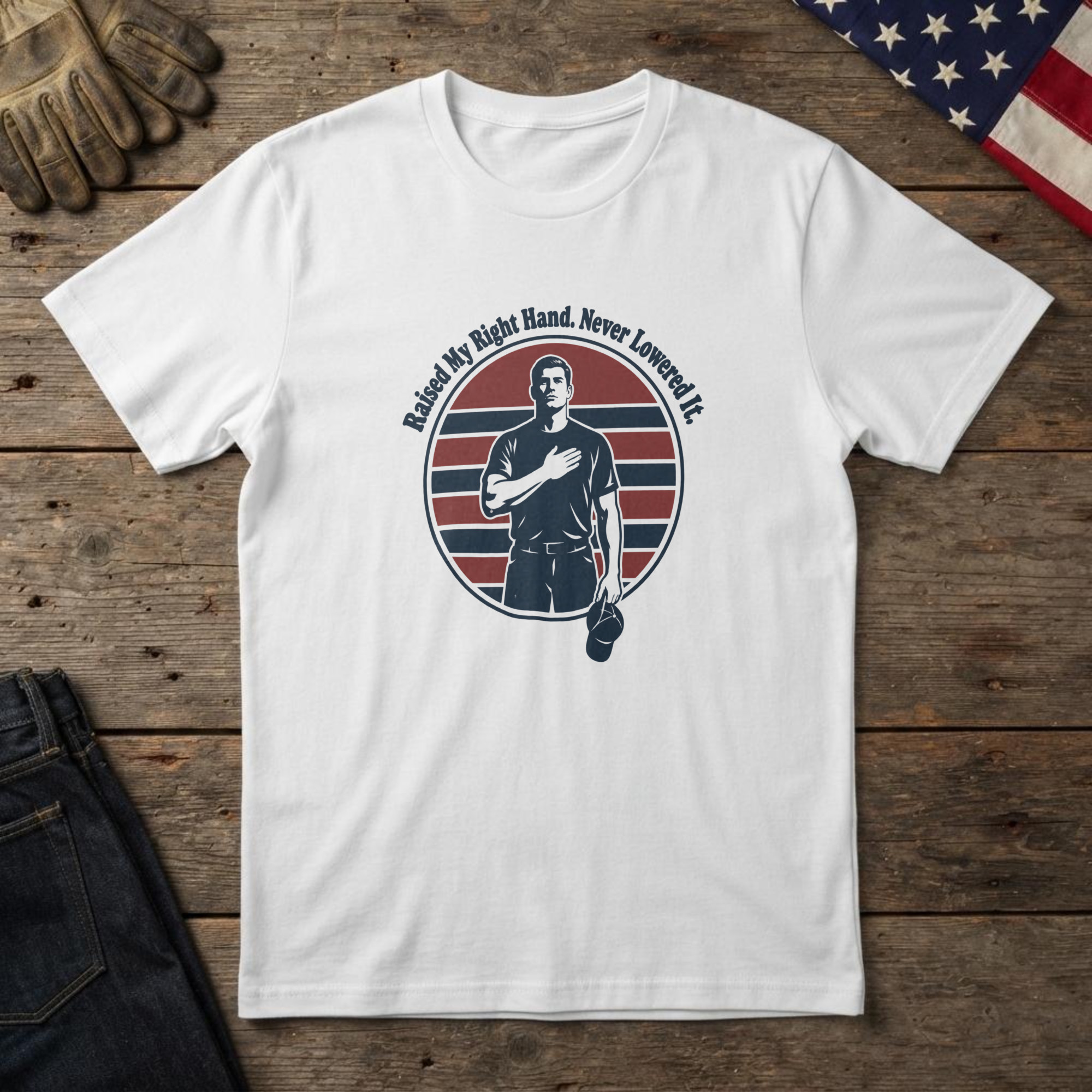 lfb-hero-13899 White t-shirt with a line-art veteran, hand over heart, cap in hand, and "Raised My Right Hand. Never Lowered It."