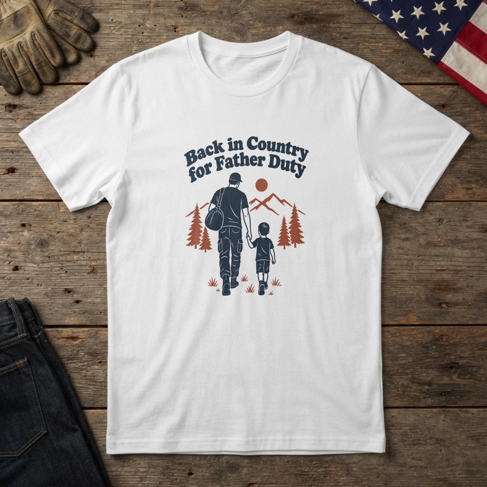 lfb-hero-14340 White t-shirt with line art of a dad with a duffel bag walking his child by pines and "Back in Country for Father Duty"
