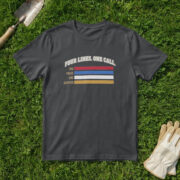 Black t-shirt with "FOUR LINES. ONE CALL." over red, blue, white and gold bars labelled FIRE, POLICE, EMS, DISPATCH