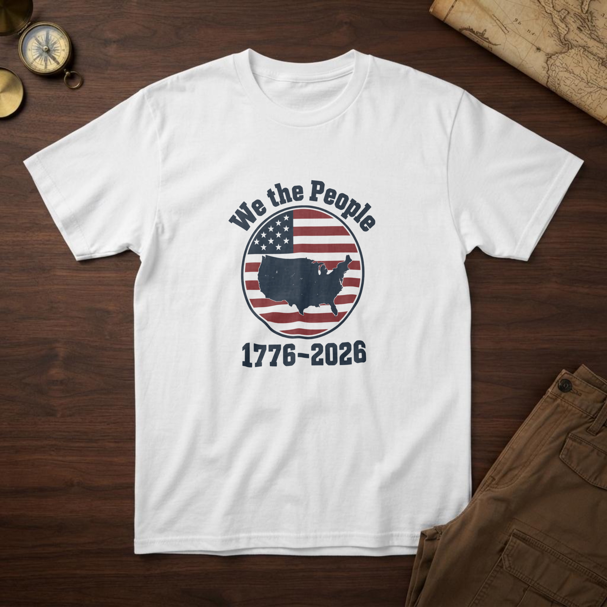 lfb-hero-14544 White t-shirt with a solid US map on a flag-stripe badge and the words "We the People 1776-2026", on a colonial desk