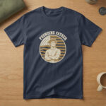 Navy t-shirt with a bearded dad in a tricorn hat, arms crossed, on a flag-stripe badge and the words "Founding Father"