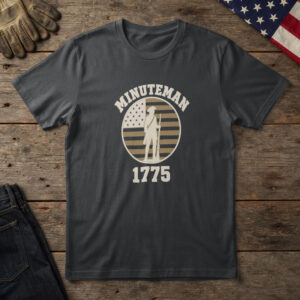 Black t-shirt with a colonial minuteman in a tricorn hat, musket at rest, on a flag badge and the words "Minuteman 1775"