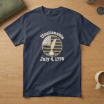 Navy t-shirt with a quill pen in an inkwell inside a flag badge and the words "Unalienable July 4, 1776", on a table