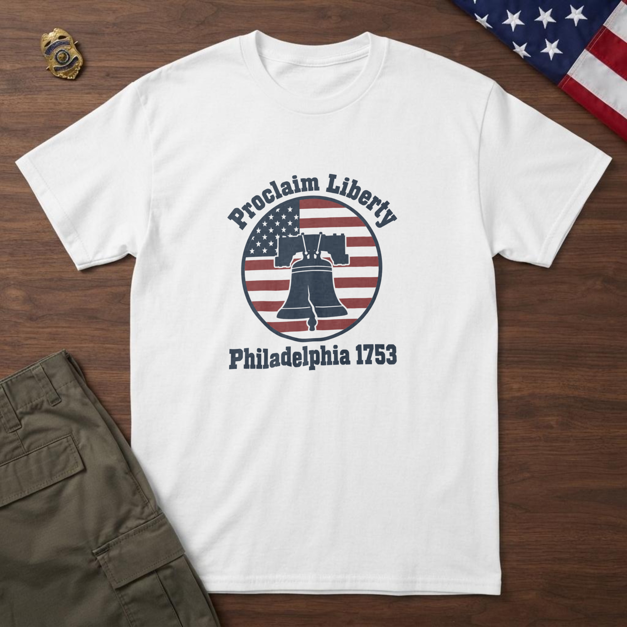 lfb-hero-15274 White t-shirt with the cracked Liberty Bell on its yoke in a flag badge and the words "Proclaim Liberty Philadelphia 1753"